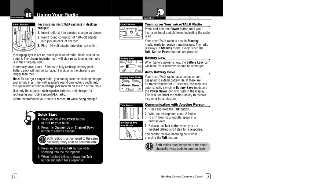 Cobra Electronics CXR750 owner manual Using Your Radio, For charging microTALK radios in desktop charger, Battery Low 