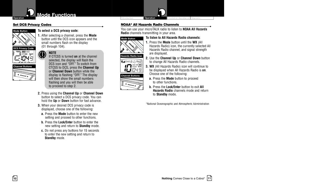 Cobra Electronics CXR750 owner manual Set DCS Privacy Codes, To select a DCS privacy code, NOAA* All Hazards Radio Channels 