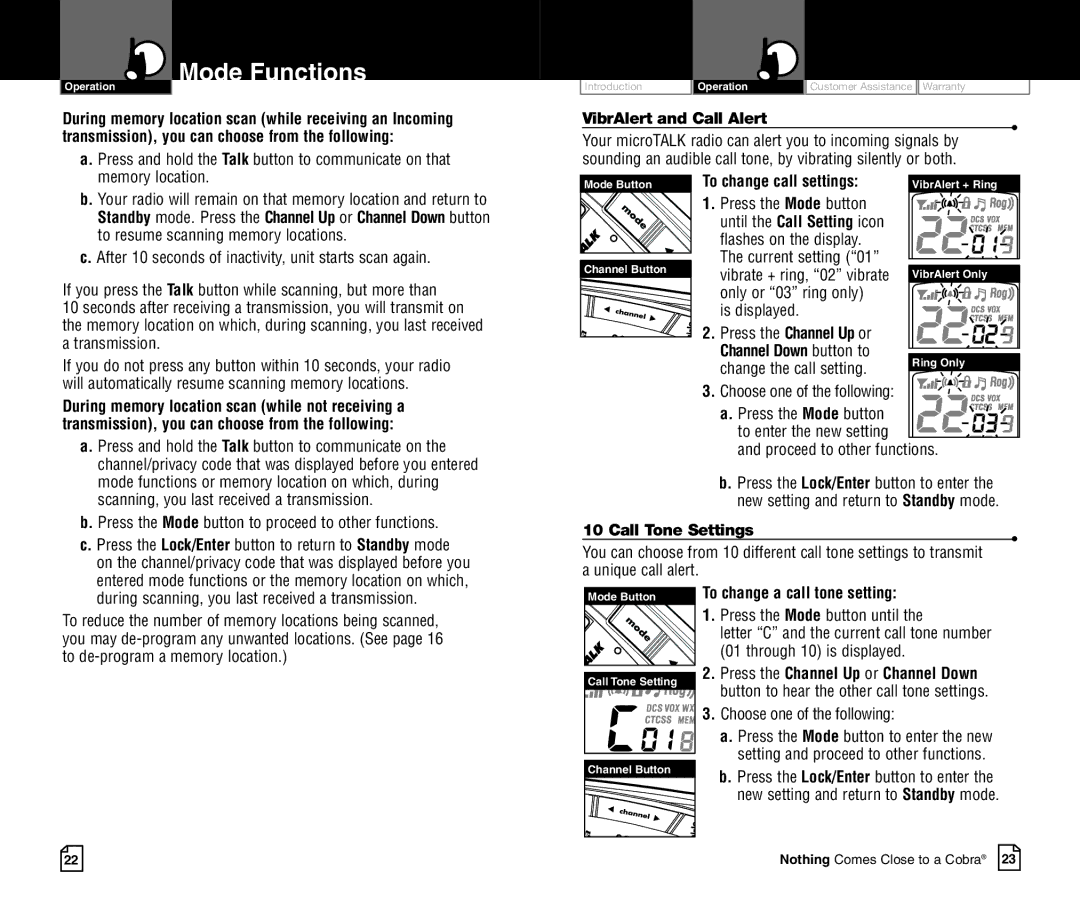 Cobra Electronics CXR750C owner manual To change call settings, To change a call tone setting, Press the Mode button until 