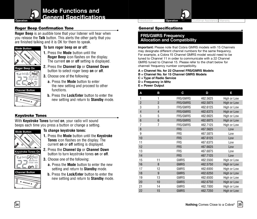 Cobra Electronics CXR750C Mode Functions General Specifications, To turn roger beep on or off, To change keystroke tones 