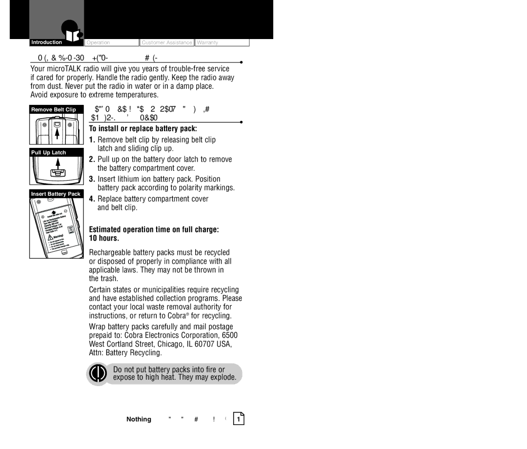 Cobra Electronics CXR750C owner manual Caring for YourmicroTALKRadio, Rechargeable Battery Pack and Desktop Charger 