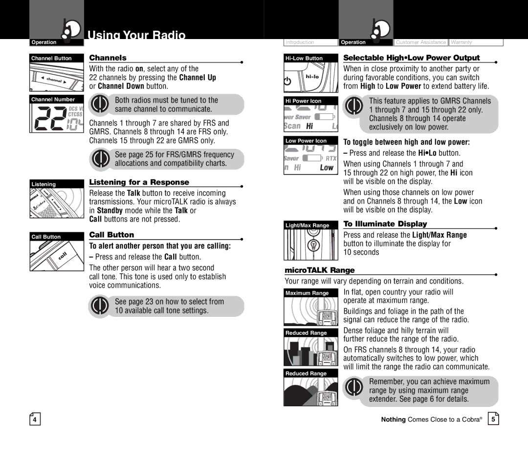 Cobra Electronics CXR750C owner manual To alert another person that you are calling, To toggle between high and low power 