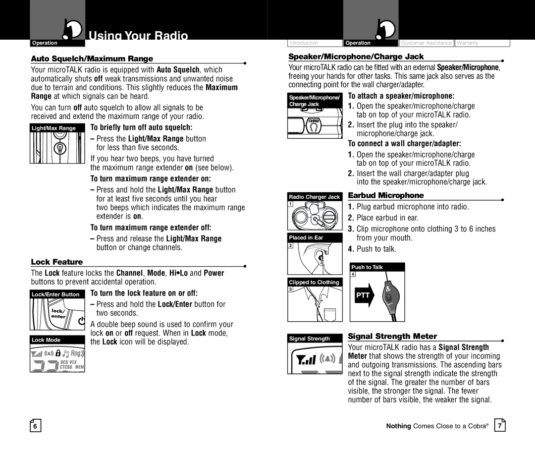 Cobra Electronics CXR750C owner manual Light/Max Range To briefly turn off auto squelch, To turn maximum range extender on 