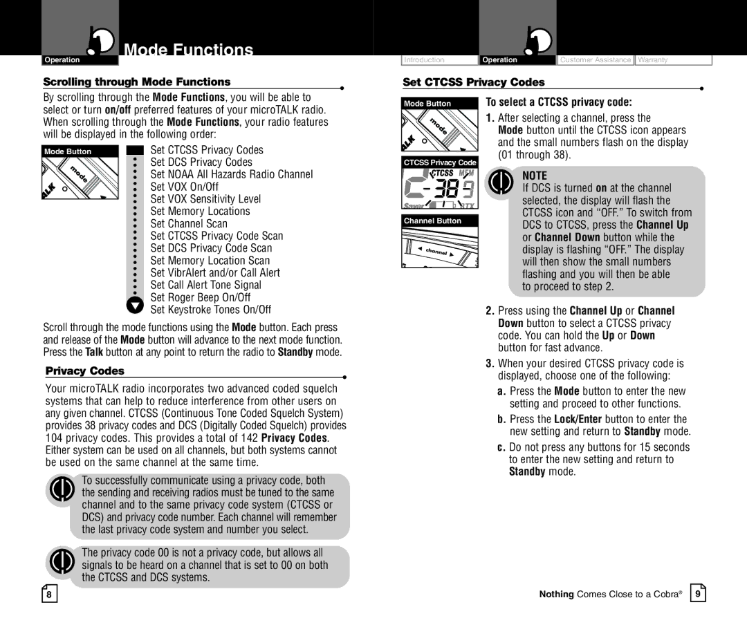 Cobra Electronics CXR750C owner manual Scrolling through Mode Functions, Set Ctcss Privacy Codes 