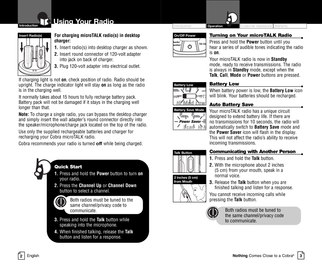 Cobra Electronics CXR800C owner manual Using Your Radio, Battery Low, Auto Battery Save, Communicating with Another Person 