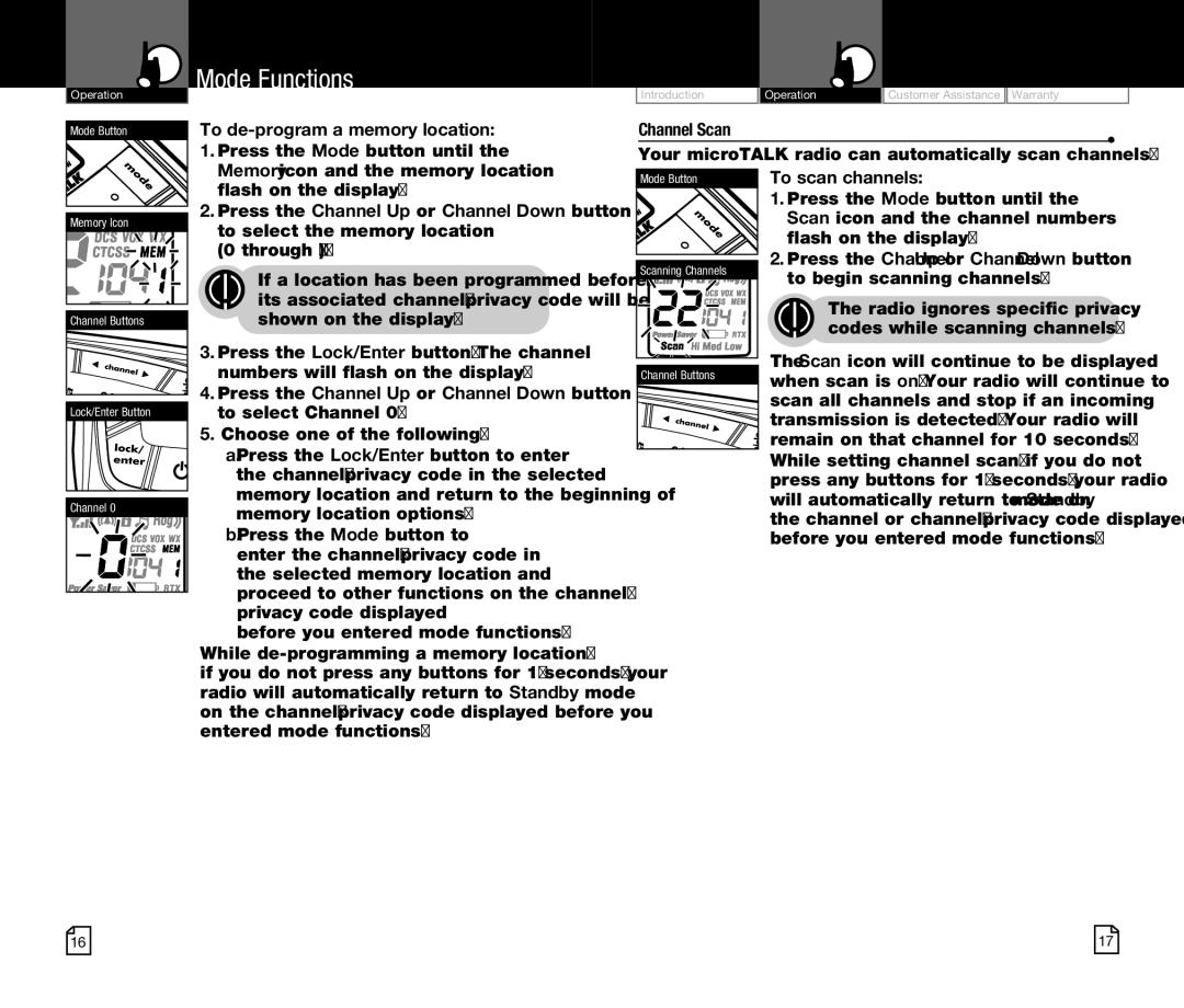 Cobra Electronics CXR825 owner manual To de-program a memory location, Channel Scan, Flash on the display, To scan channels 