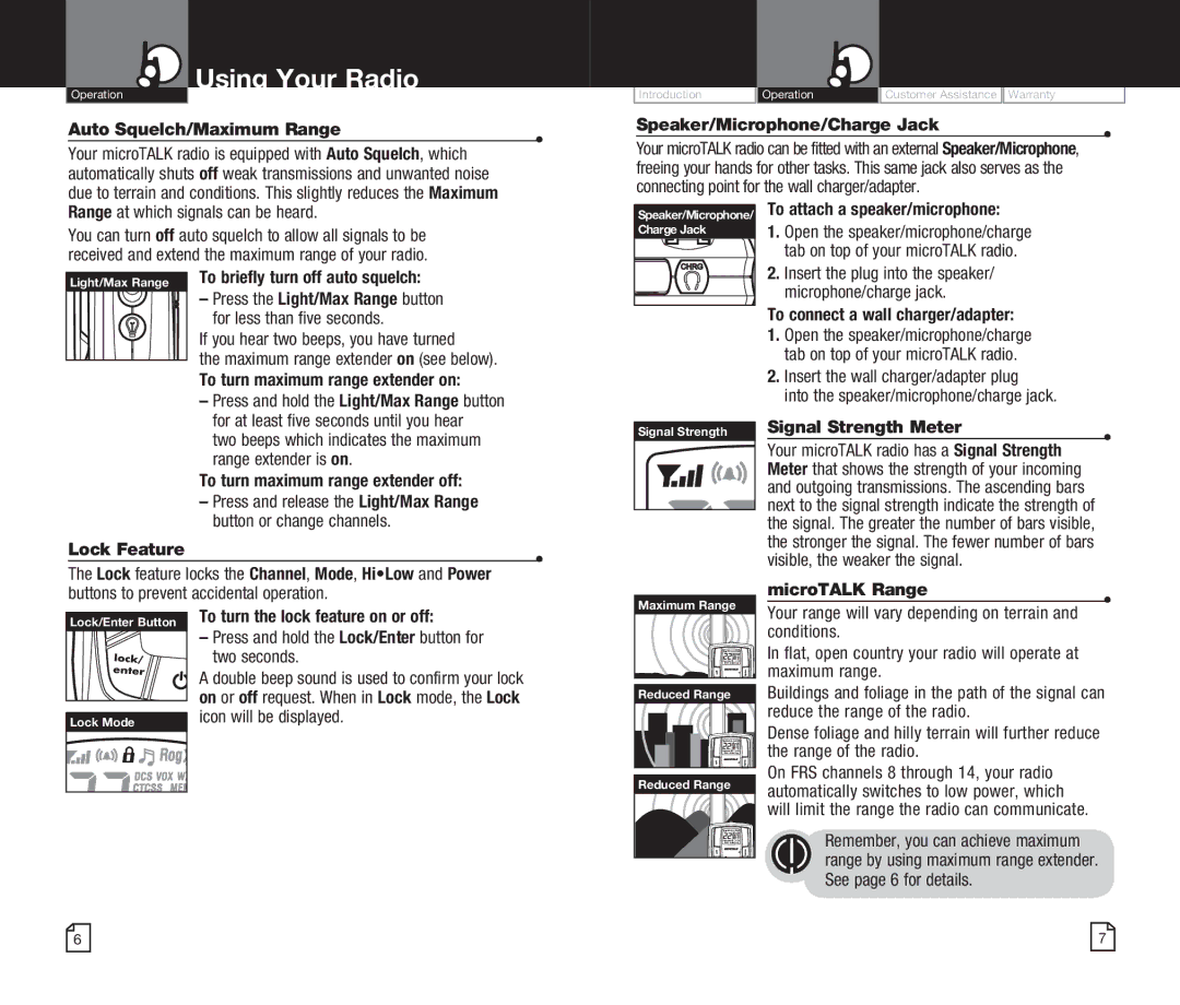 Cobra Electronics CXR825 owner manual Auto Squelch/Maximum Range, Lock Feature, Signal Strength Meter, MicroTALK Range 