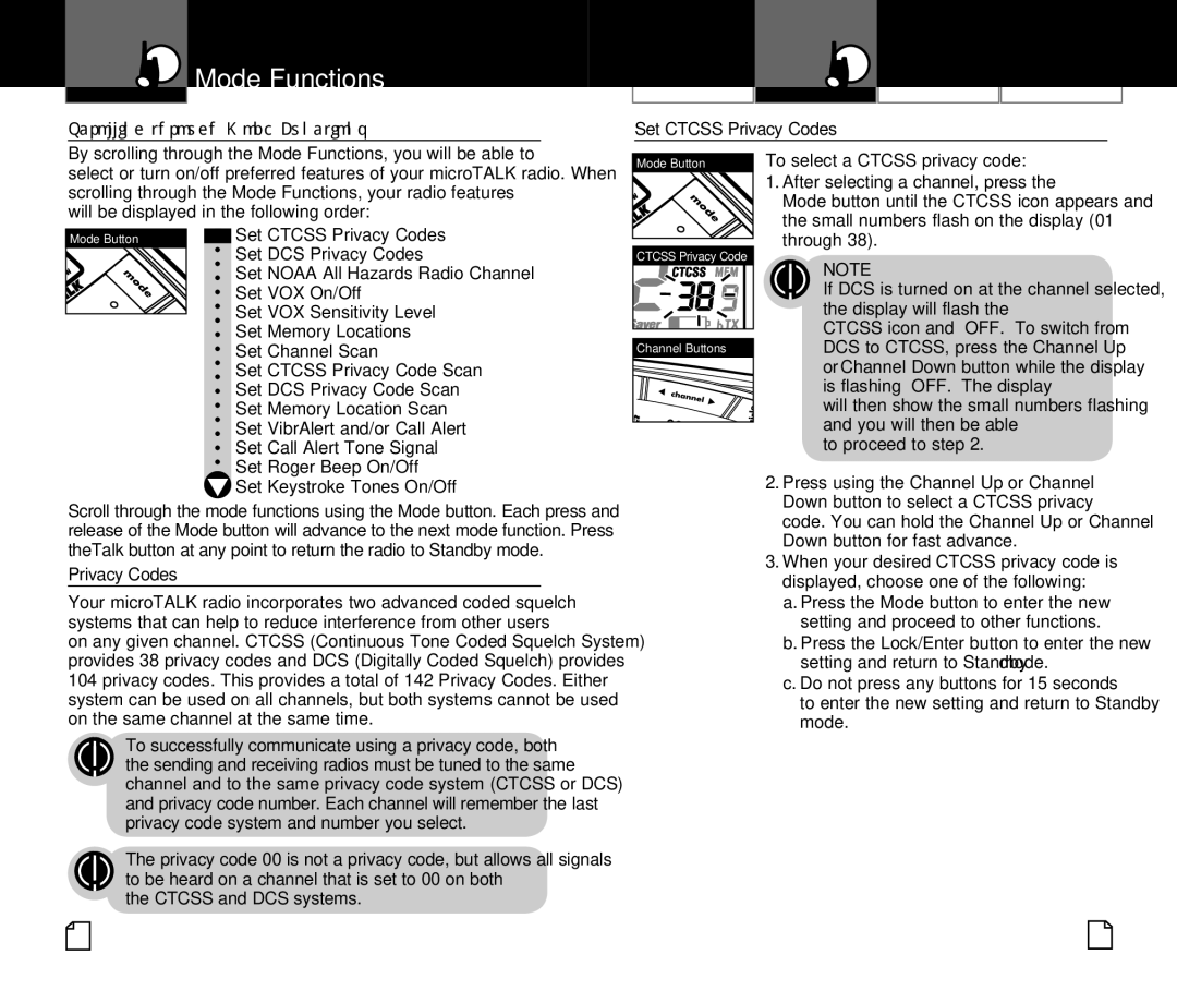 Cobra Electronics CXR825 owner manual Scrolling through Mode Functions, Privacy Codes 