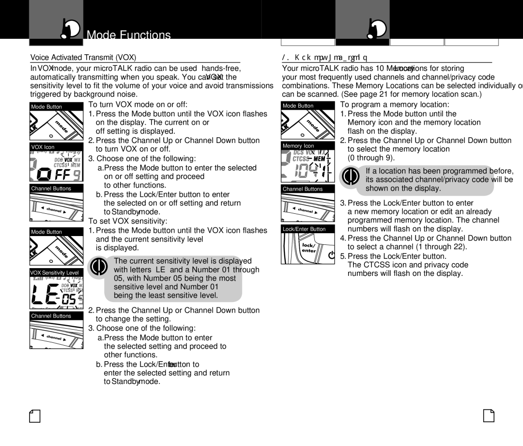Cobra Electronics CXR825 owner manual Voice Activated Transmit VOX, Memory Locations 