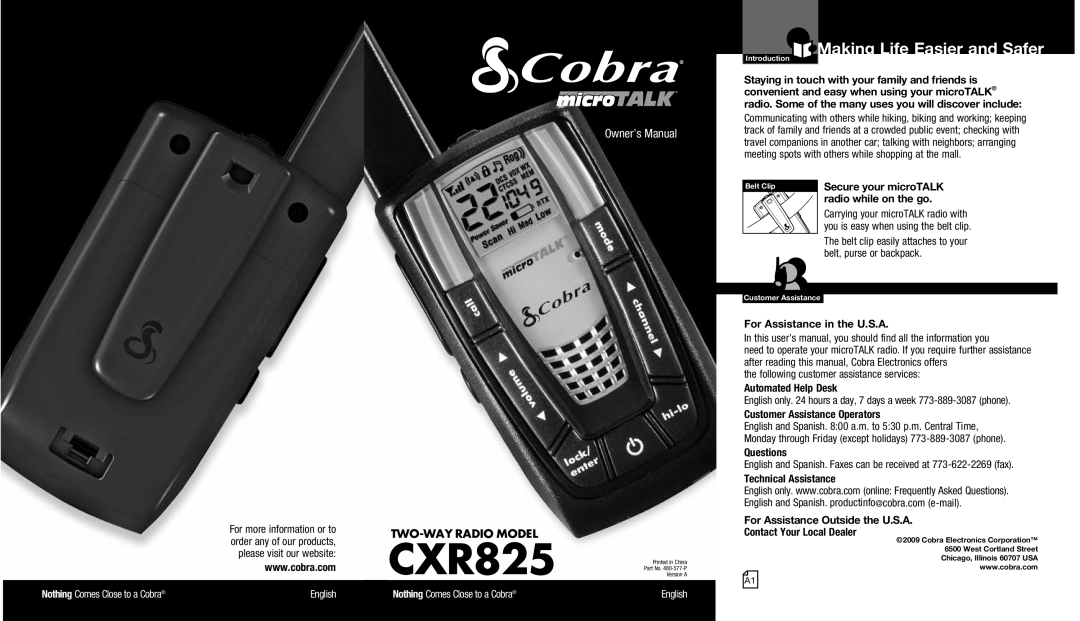 Cobra Electronics CXR825 owner manual Making Life Easier and Safer, radio while on the go, For Assistance in the U.S.A 