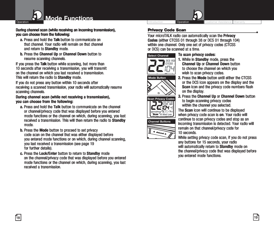 Cobra Electronics CXR825 owner manual Privacy Code Scan, Mode Functions 