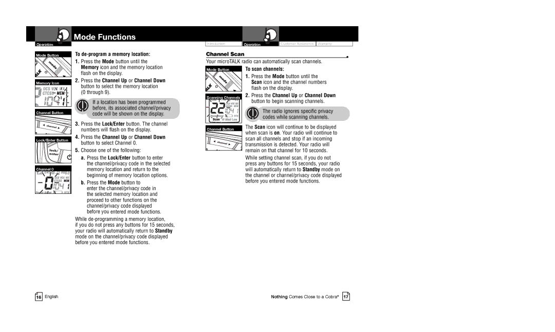 Cobra Electronics CXR825C owner manual To de-program a memory location, Channel Scan 