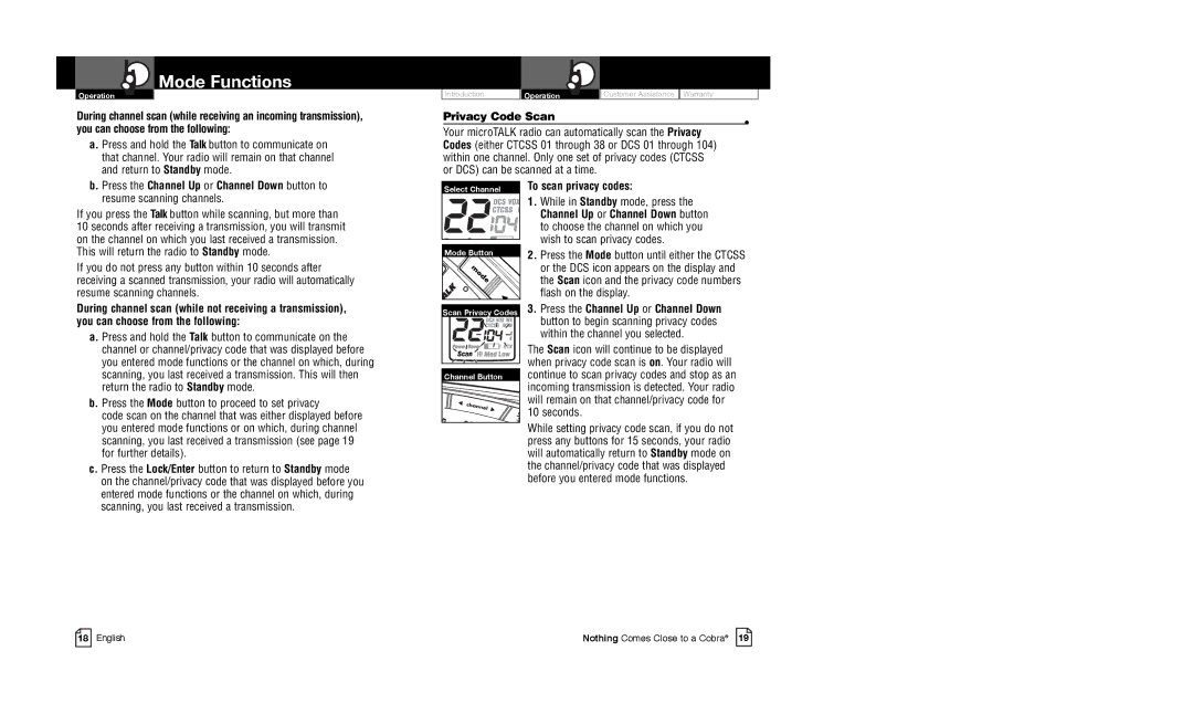 Cobra Electronics CXR825C owner manual Press the Channel Up or Channel Down button to, Privacy Code Scan 