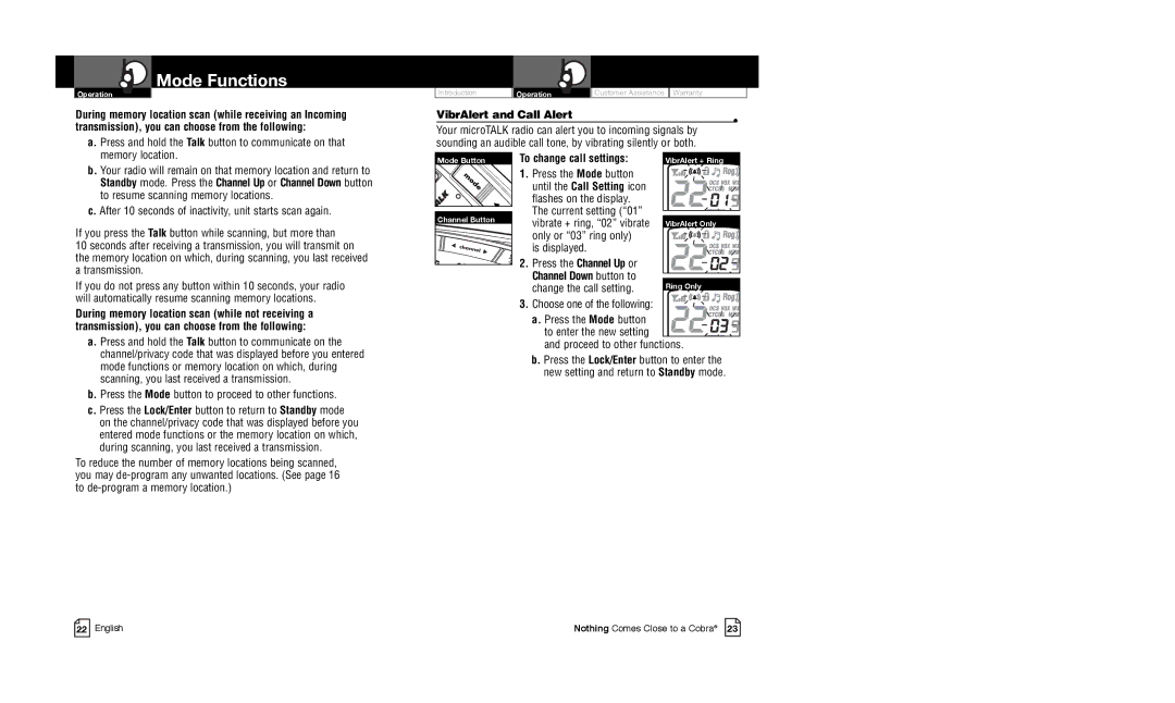 Cobra Electronics CXR825C owner manual VibrAlert and Call Alert, To change call settings 