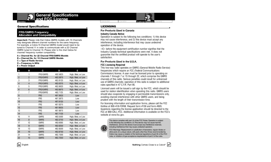 Cobra Electronics CXR825C owner manual General Specifications FCC License 