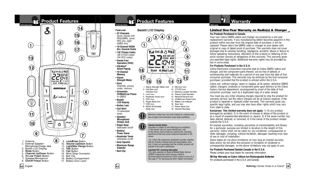 Cobra Electronics CXR825C owner manual Product Features, Limited One-Year Warranty on Radios & Charger 