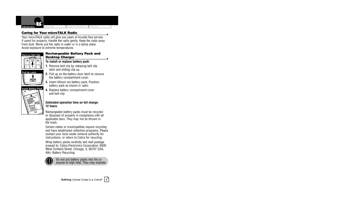 Cobra Electronics CXR825C owner manual Caring for Your microTALK Radio, Rechargeable Battery Pack Desktop Charger 