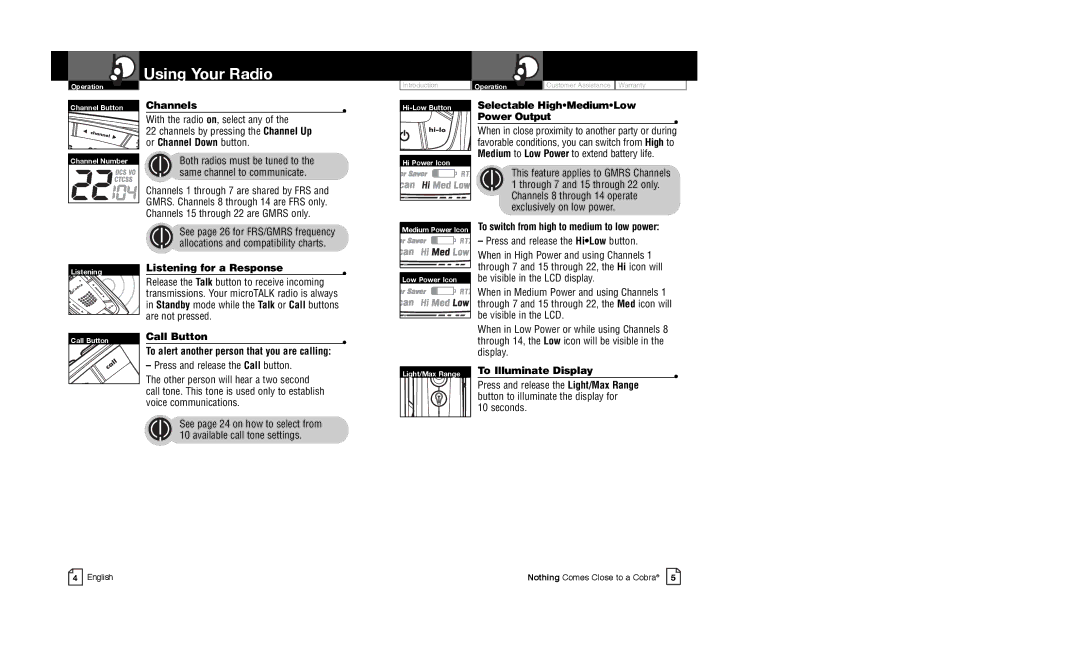 Cobra Electronics CXR825C owner manual Or Channel Down button, To alert another person that you are calling 