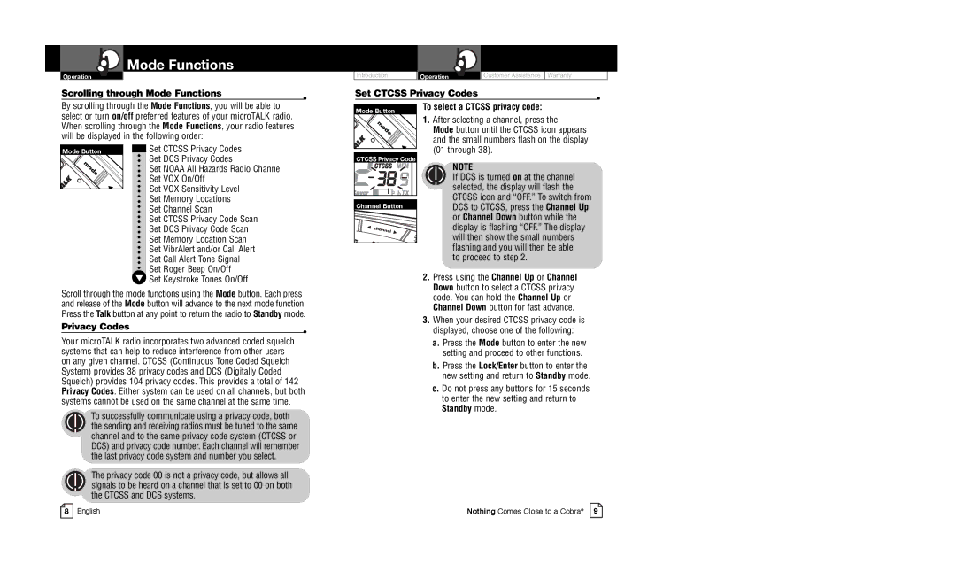 Cobra Electronics CXR825C owner manual Scrolling through Mode Functions, Set Ctcss Privacy Codes 