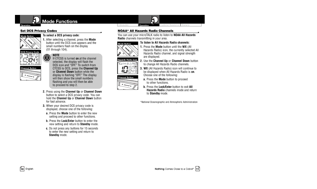 Cobra Electronics CXR825C Set DCS Privacy Codes, To select a DCS privacy code, NOAA* All Hazards Radio Channels 