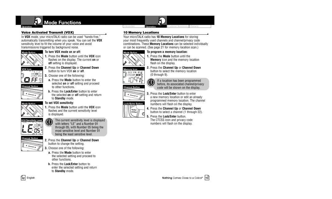 Cobra Electronics CXR825C To turn VOX mode on or off, To program a memory location, Press the Mode button until 