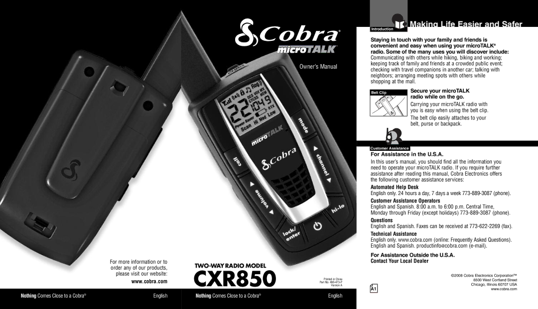 Cobra Electronics CXR850 owner manual Making Life Easier and Safer, For Assistance in the U.S.A, Automated Help Desk 