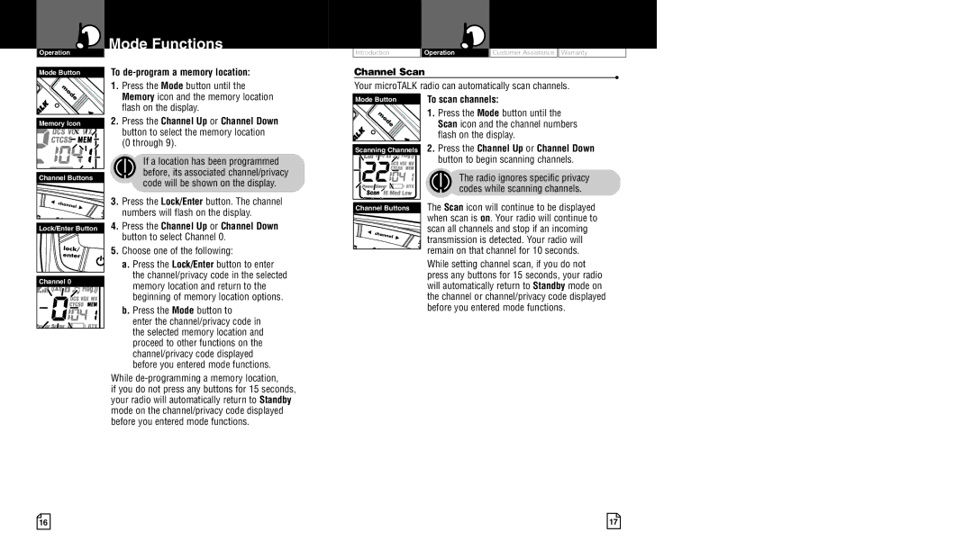 Cobra Electronics CXR850 owner manual To de-program a memory location, Channel Scan, Through, To scan channels 