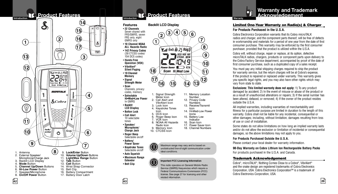 Cobra Electronics CXR850 Product Features Warranty and Trademark Acknowledgement, For Products Purchased in the U.S.A 