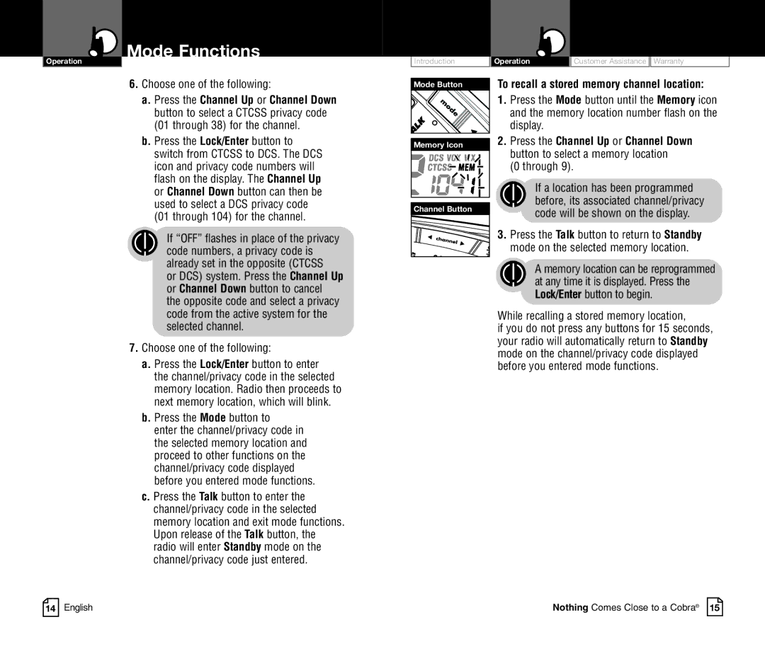 Cobra Electronics CXR850C owner manual Choose one of the following, Press the Mode button to, Display 