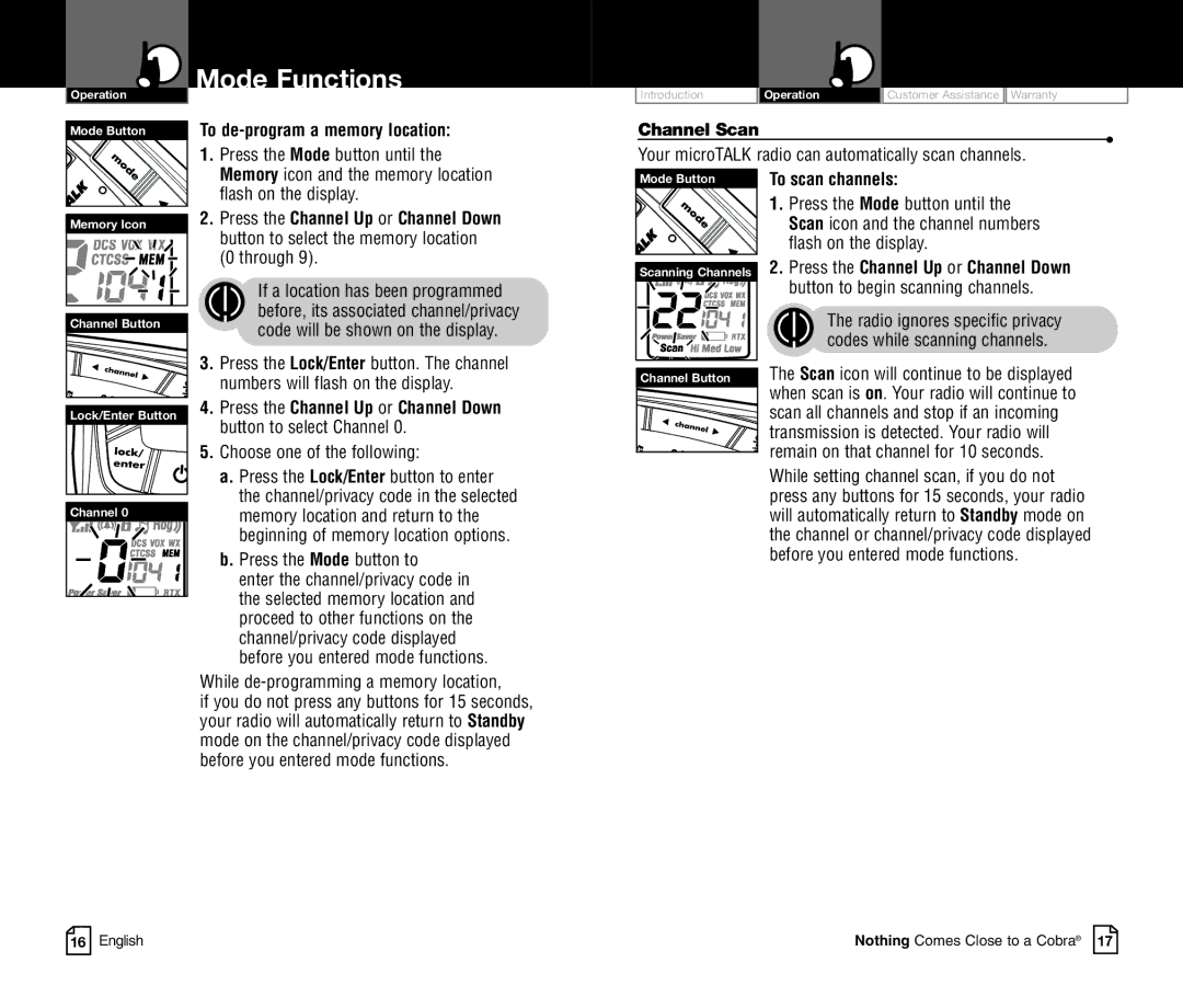 Cobra Electronics CXR850C owner manual To de-program a memory location, Channel Scan, Through, To scan channels 