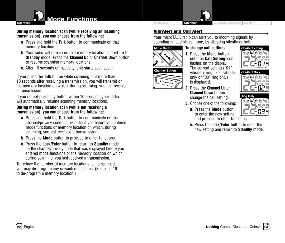 Cobra Electronics CXR850C owner manual VibrAlert and Call Alert, To change call settings 