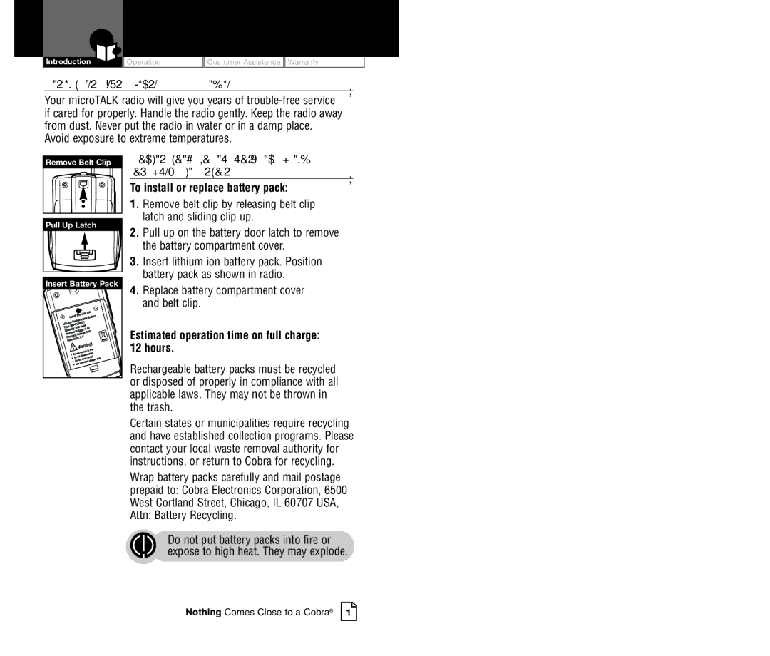 Cobra Electronics CXR850C owner manual Caring for YourmicroTALKRadio, Rechargeable Battery Pack and Desktop Charger 