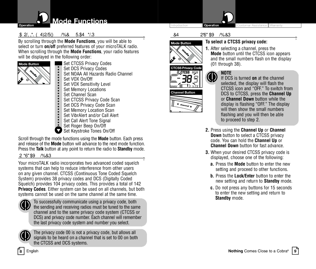 Cobra Electronics CXR850C owner manual Scrolling through Mode Functions, Set Ctcss Privacy Codes 