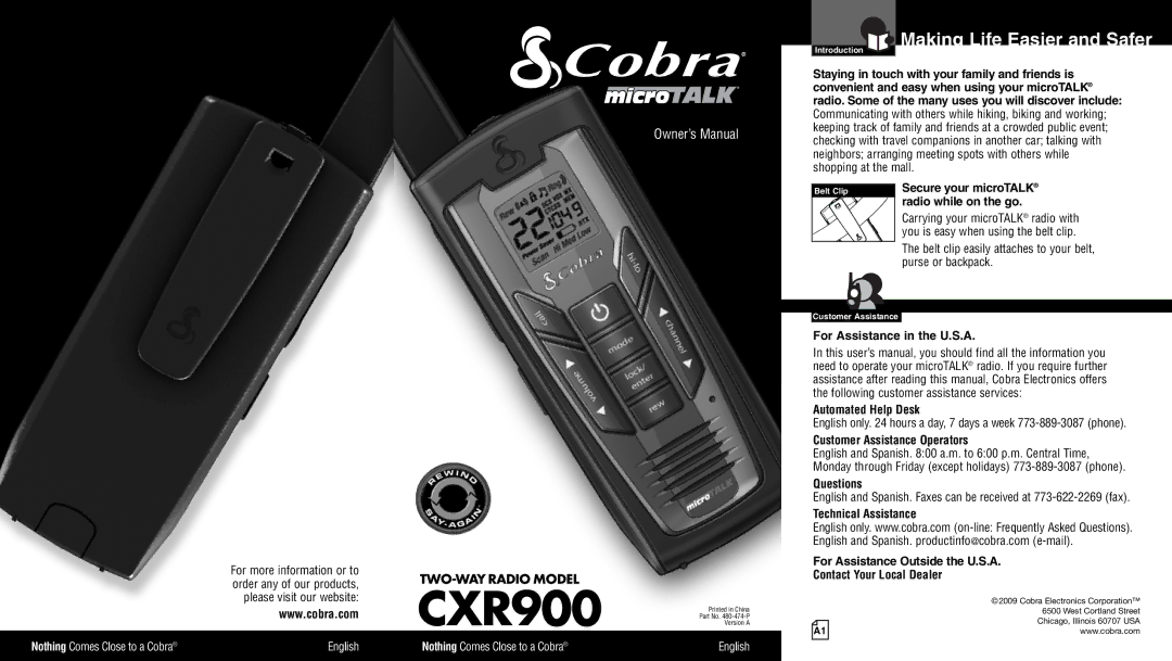 Cobra Electronics CXR900 owner manual Making Life Easier and Safer, For Assistance in the U.S.A, Automated Help Desk 