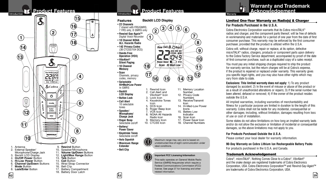 Cobra Electronics CXR900 Warranty and Trademark Acknowledgement, Product Features, Features Backlit LCD Display 