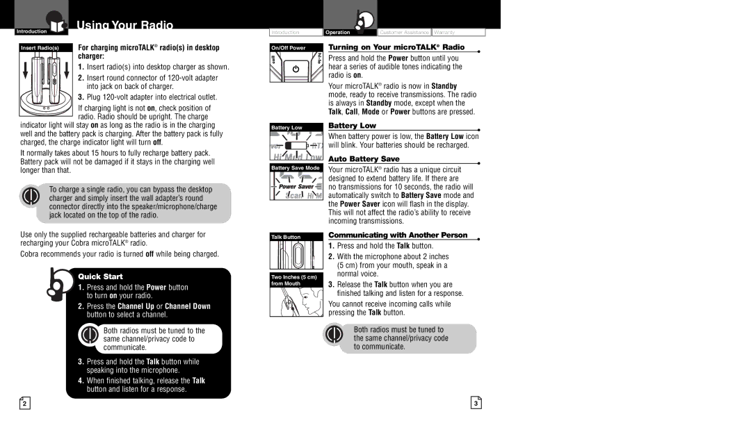 Cobra Electronics CXR900 owner manual Using Your Radio, For charging microTALK radios in desktop charger, Battery Low 