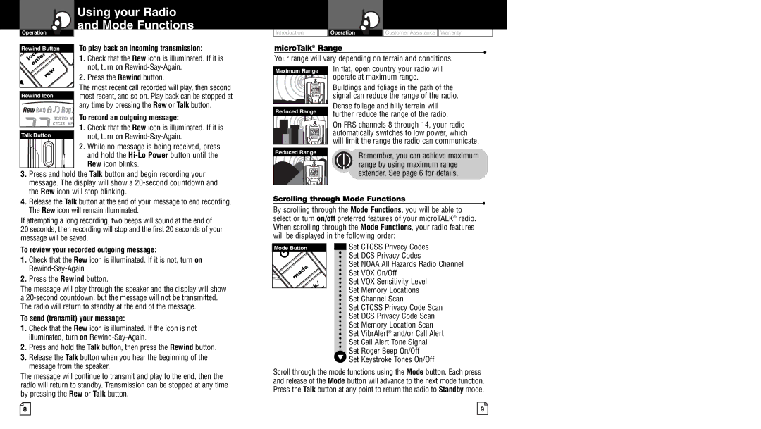 Cobra Electronics CXR900 Using your Radio and Mode Functions, MicroTalk Range, Scrolling through Mode Functions 