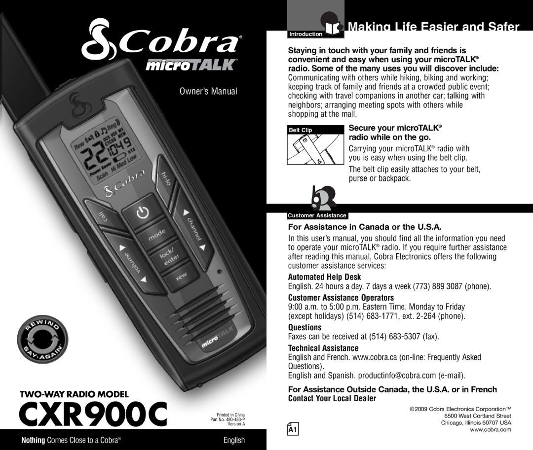 Cobra Electronics CXR900C owner manual Making Life Easier and Safer, For Assistance in Canada or the U.S.A, Questions 