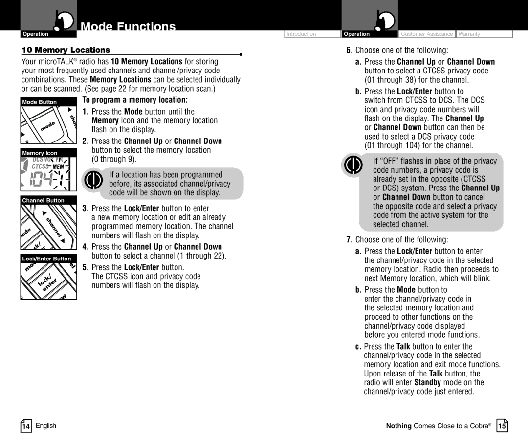 Cobra Electronics CXR900C owner manual Memory Locations, To program a memory location 