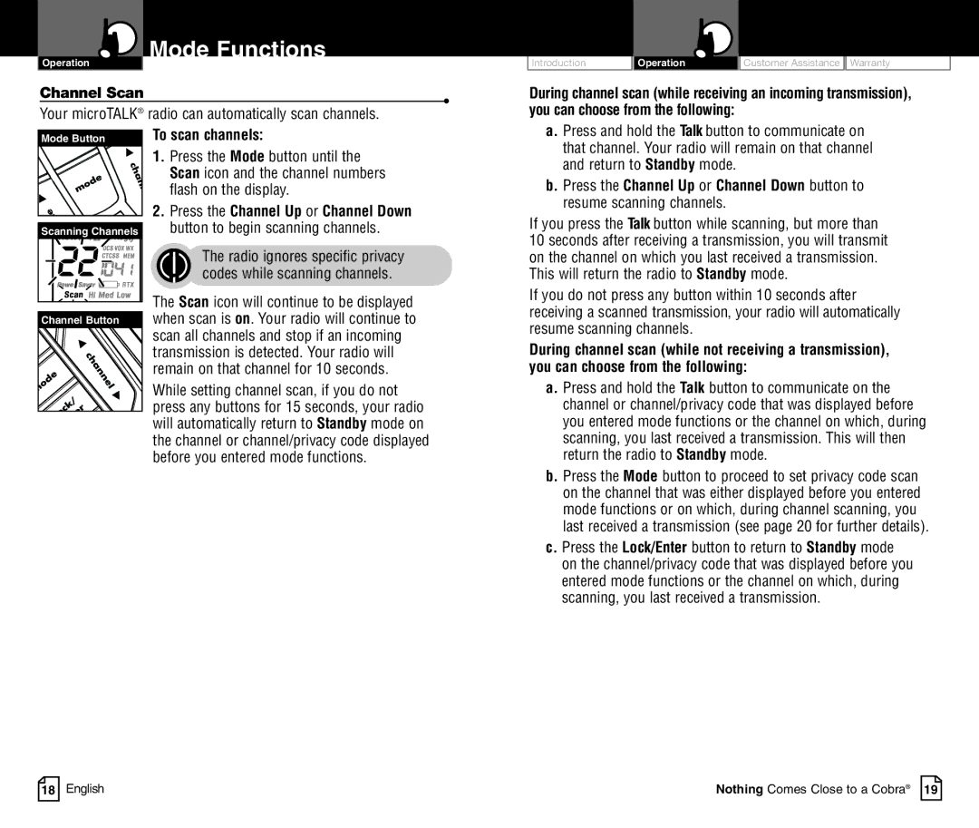 Cobra Electronics CXR900C owner manual Channel Scan, Your microTALK radio can automatically scan channels, To scan channels 