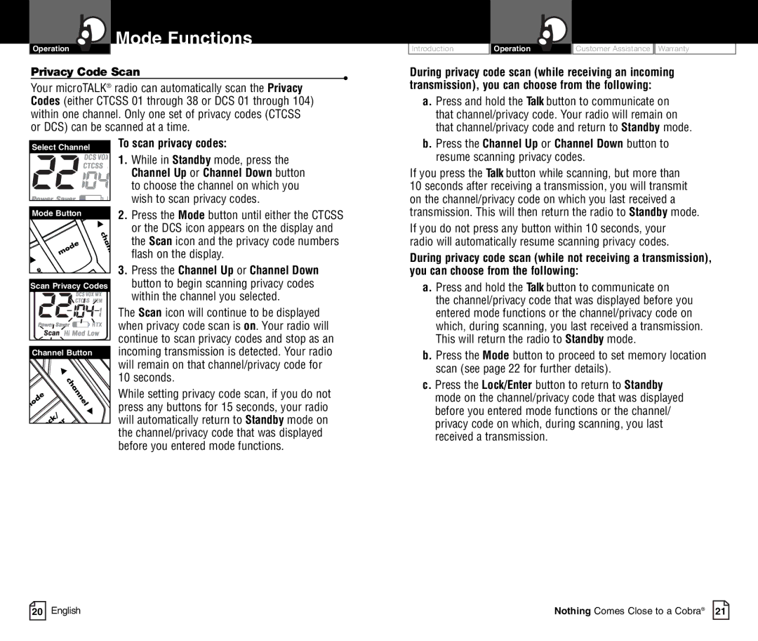 Cobra Electronics CXR900C owner manual Privacy Code Scan, Press the Channel Up or Channel Down button to 