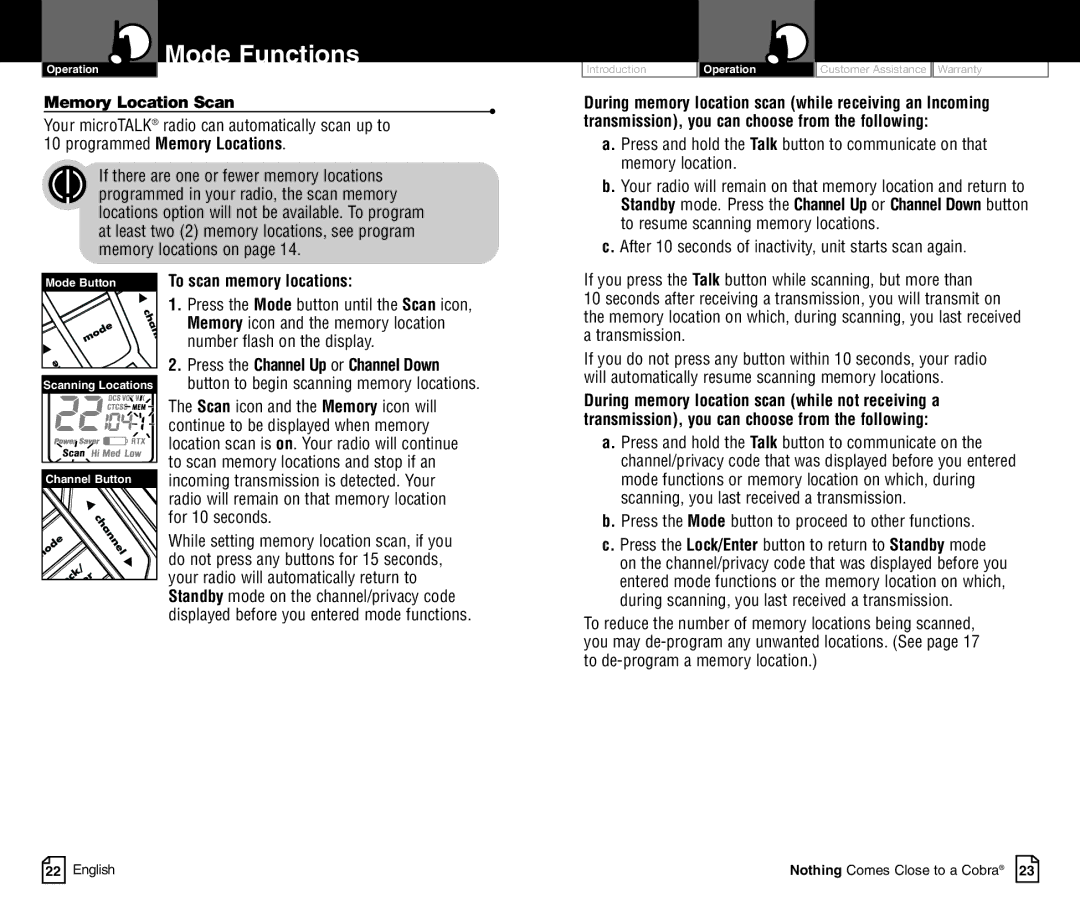 Cobra Electronics CXR900C owner manual Memory Location Scan, After 10 seconds of inactivity, unit starts scan again 