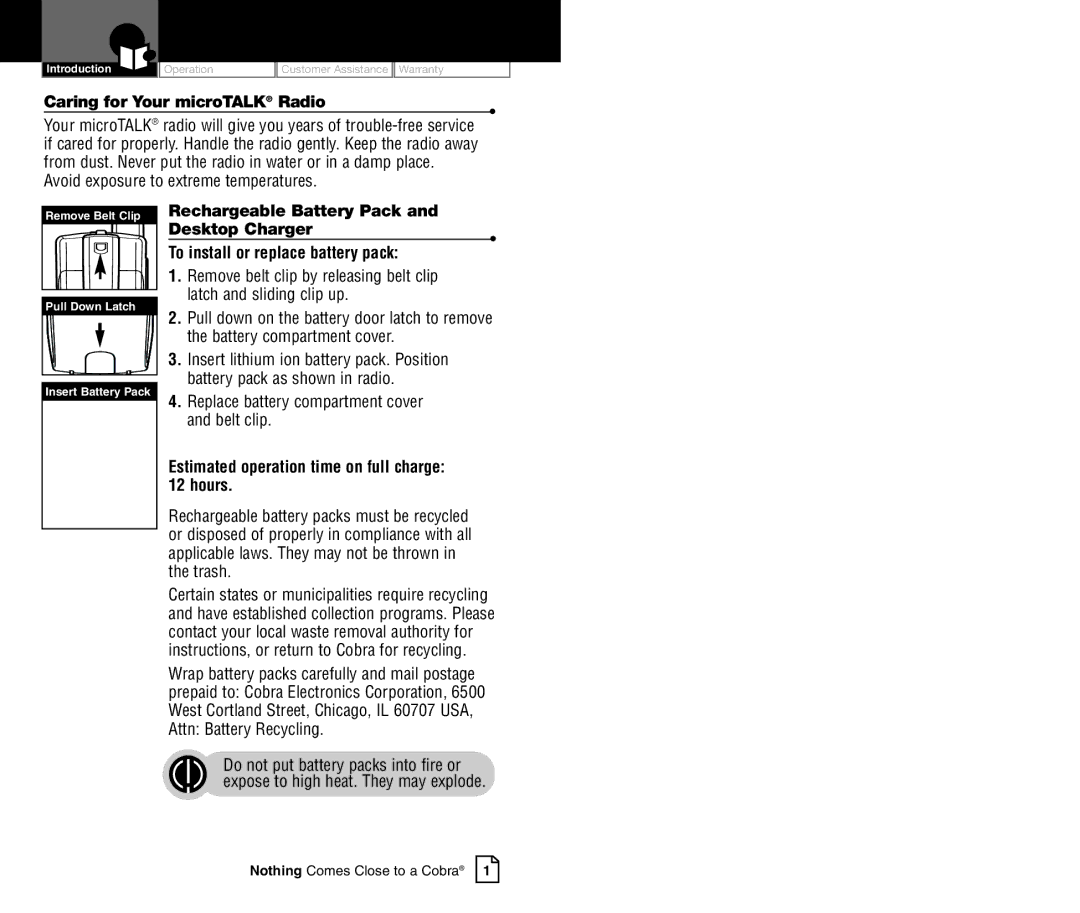 Cobra Electronics CXR900C owner manual Caring for Your microTALK Radio, Avoid exposure to extreme temperatures 