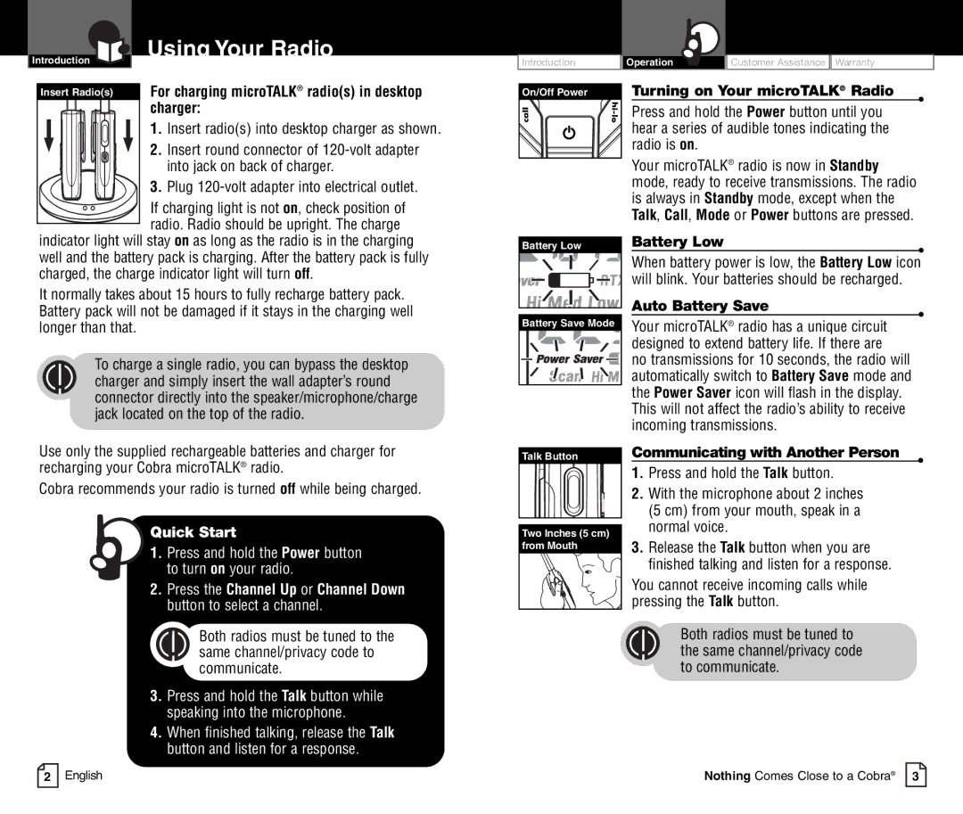 Cobra Electronics CXR900C owner manual Using Your Radio, For charging microTALK radios in desktop charger, Battery Low 