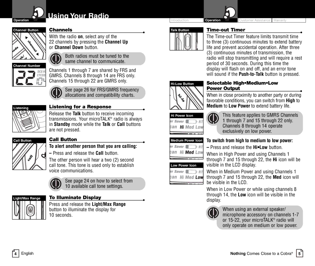 Cobra Electronics CXR900C Channels, Time-out Timer, Listening for a Response, Call Button, To Illuminate Display 