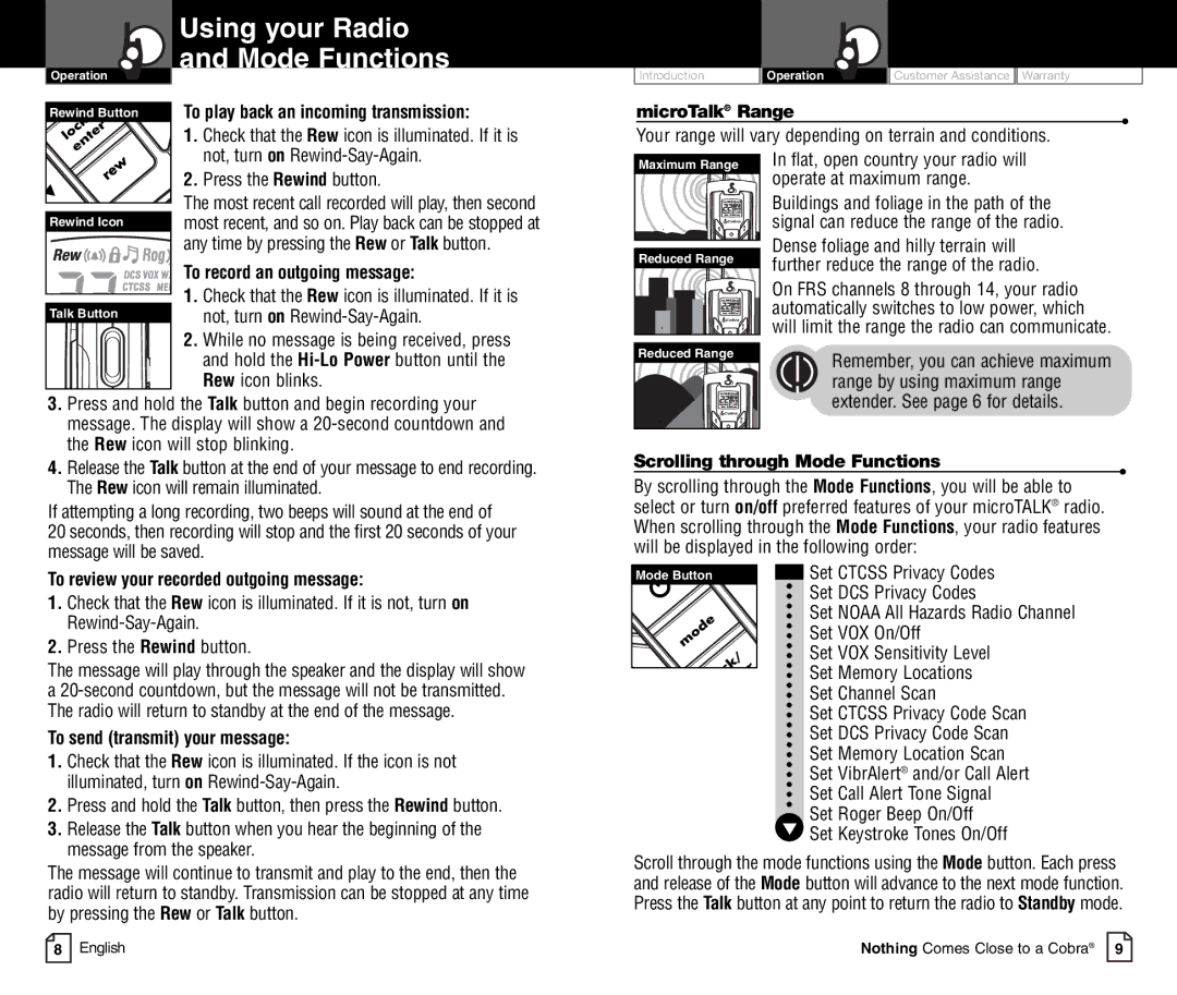 Cobra Electronics CXR900C owner manual Using your Radio and Mode Functions, To play back an incoming transmission 