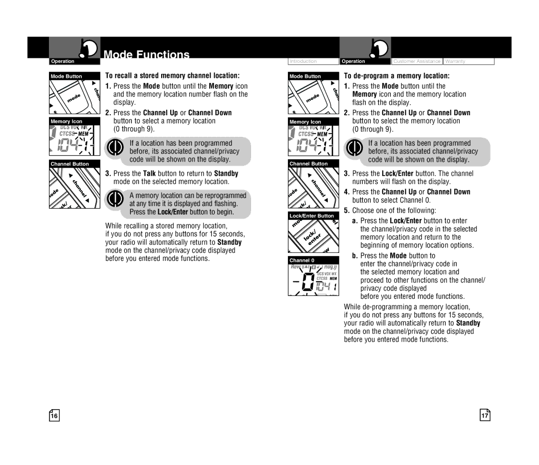 Cobra Electronics CXR925 owner manual To recall a stored memory channel location, To de-program a memory location 