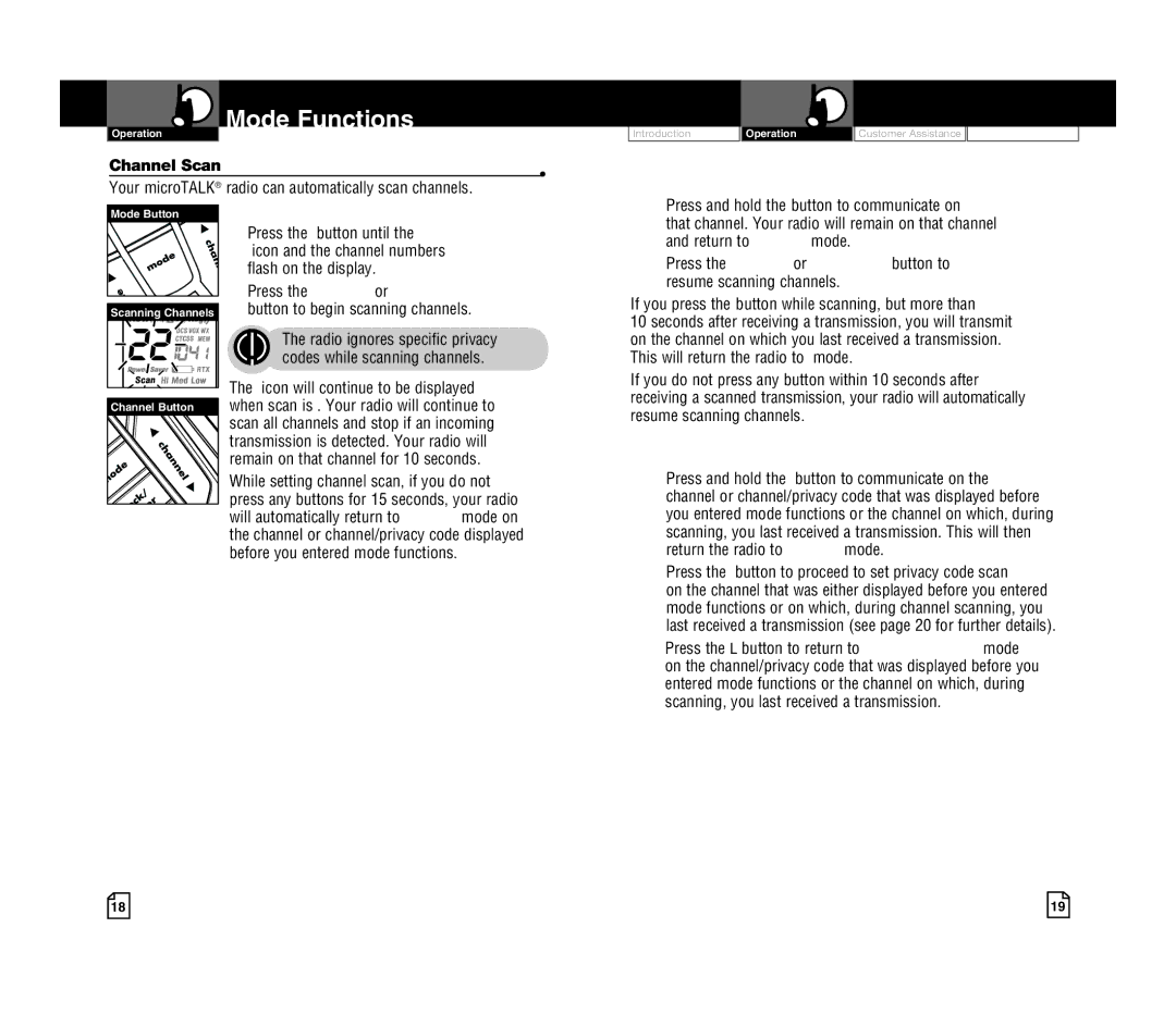 Cobra Electronics CXR925 Channel Scan, To scan channels, If you press the Talk button while scanning, but more than 