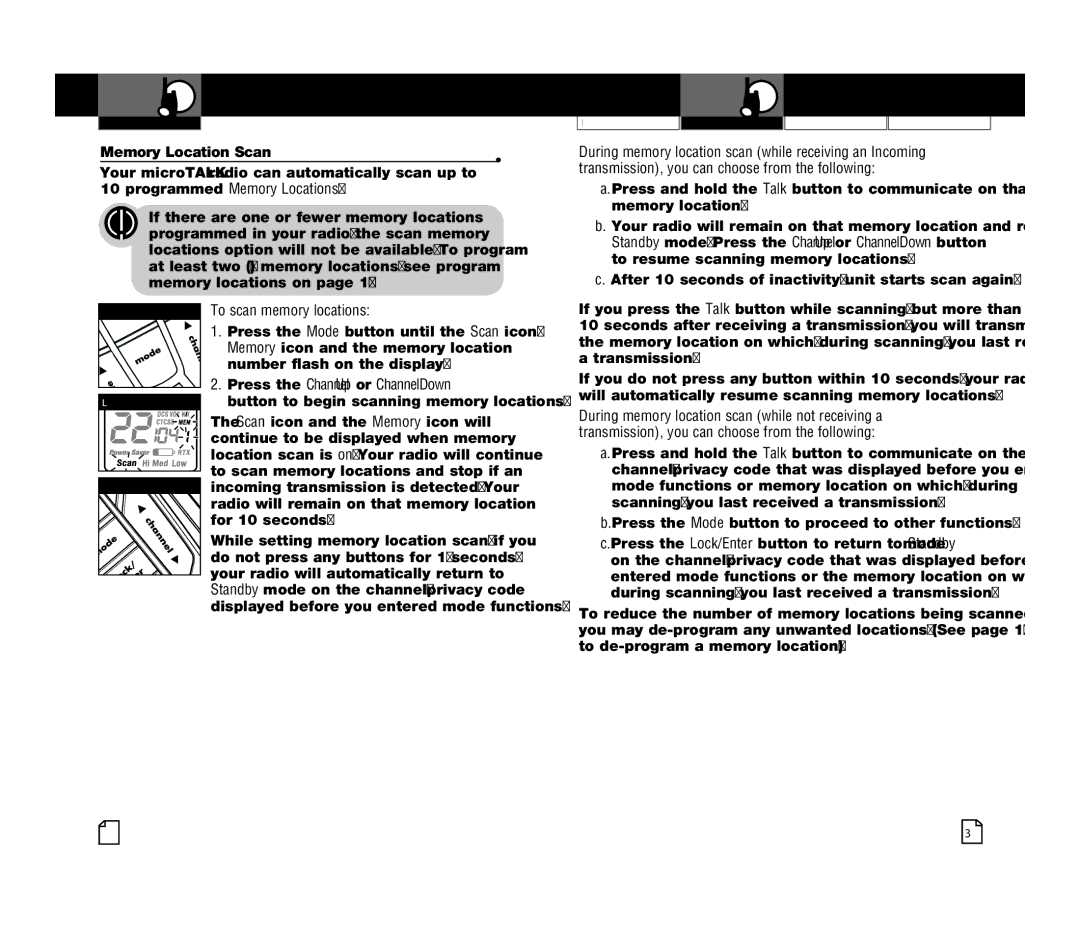 Cobra Electronics CXR925 owner manual Memory Location Scan, Programmed Memory Locations, To scan memory locations 