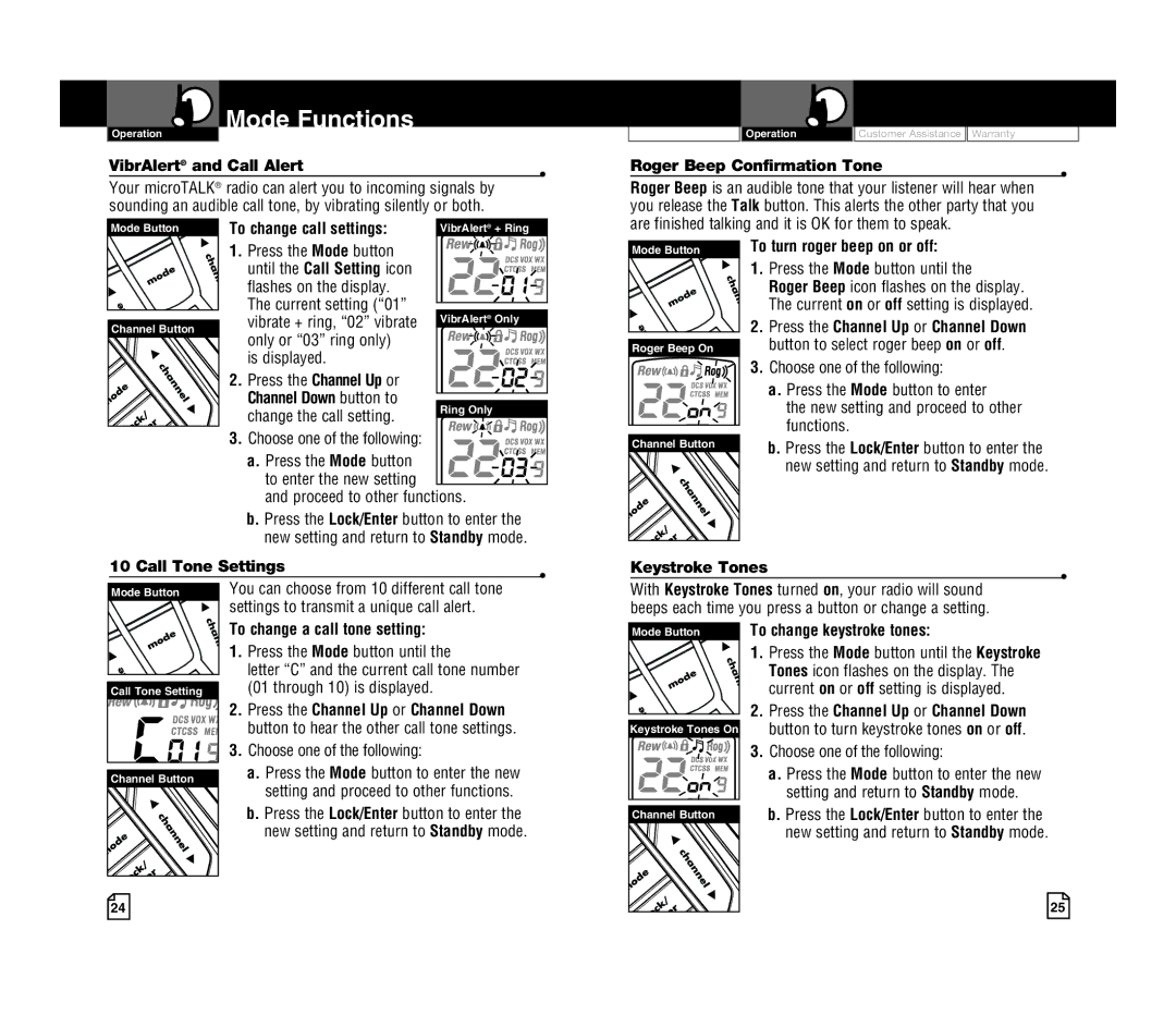 Cobra Electronics CXR925 owner manual VibrAlert and Call Alert, Roger Beep Confirmation Tone, To turn roger beep on or off 